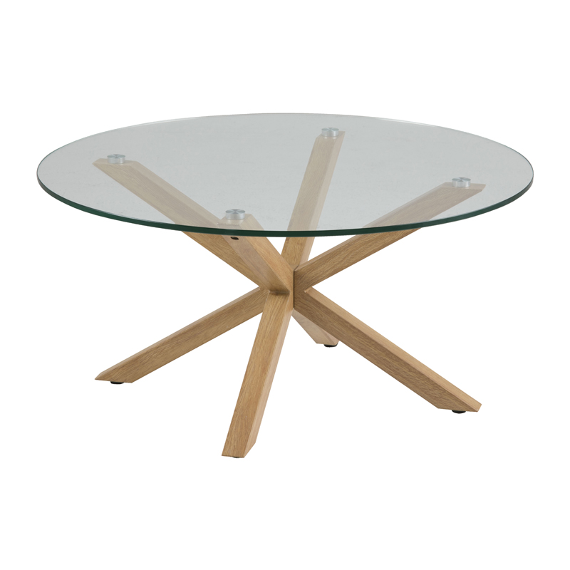 Glazen salontafel met hout look onderstel